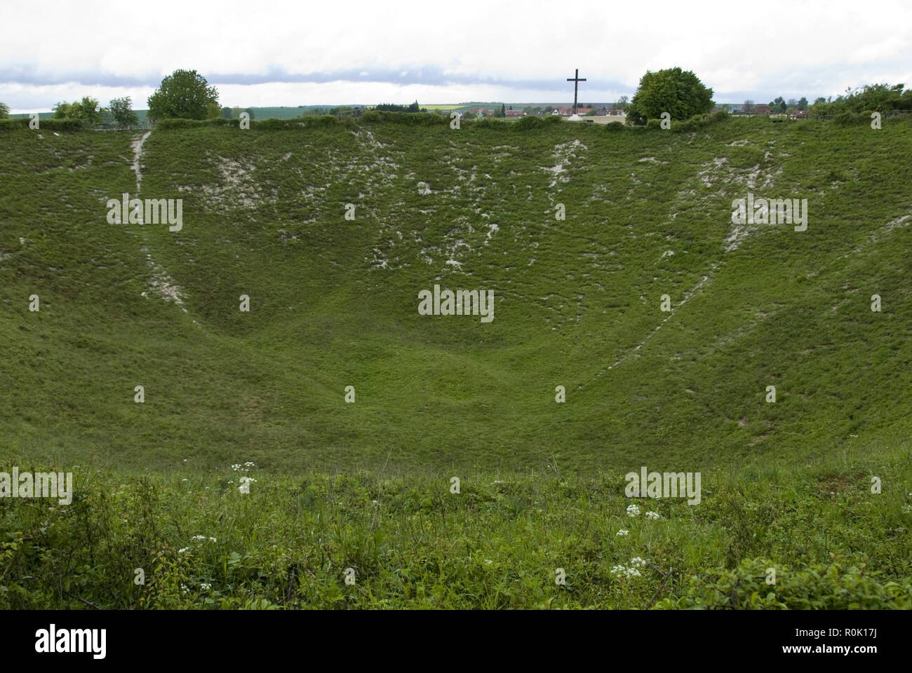 Die lochnagar Krater ist das Ergebnis eines explosiven Mine unterhalb der Deutschen Linien am ersten Tag des WW1 Schlacht an der Somme, Frankreich zur Detonation gebracht. Stockfoto