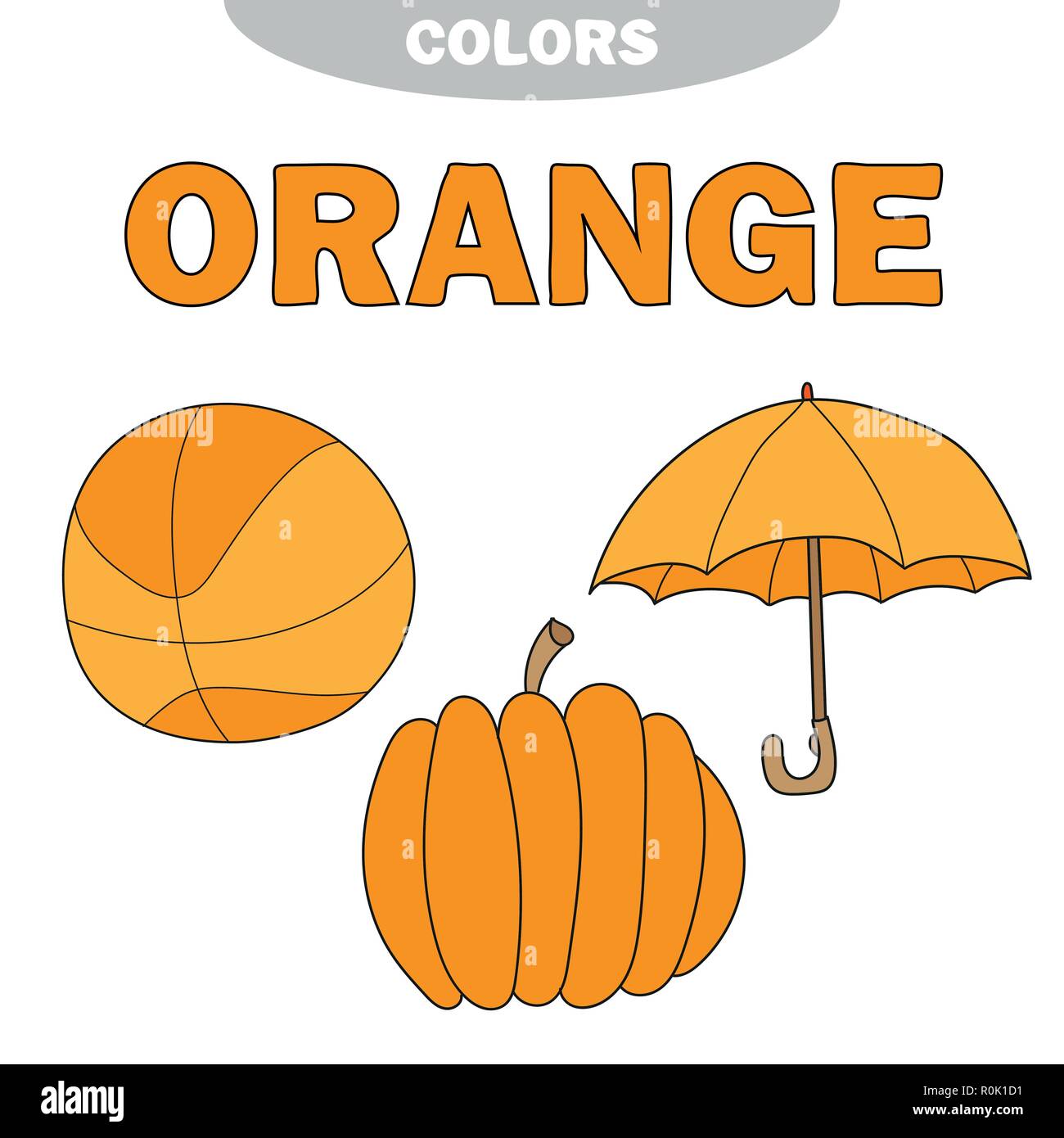 Erfahren Sie mehr Farben - Orange. Arbeitsblatt. Spiel für Kinder - Bildung gesetzt. Vektor Stock Vektor