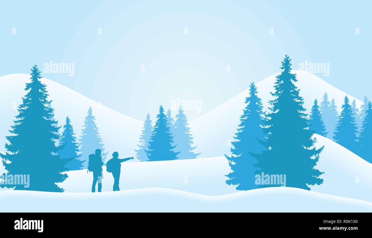 Vector Illustration der Winterlandschaft mit Nadelwald mit Bäumen und zwei Touristen, Mann und Frau, mit Rucksäcken. Verschneite Hügel unter Winter grau Stock Vektor