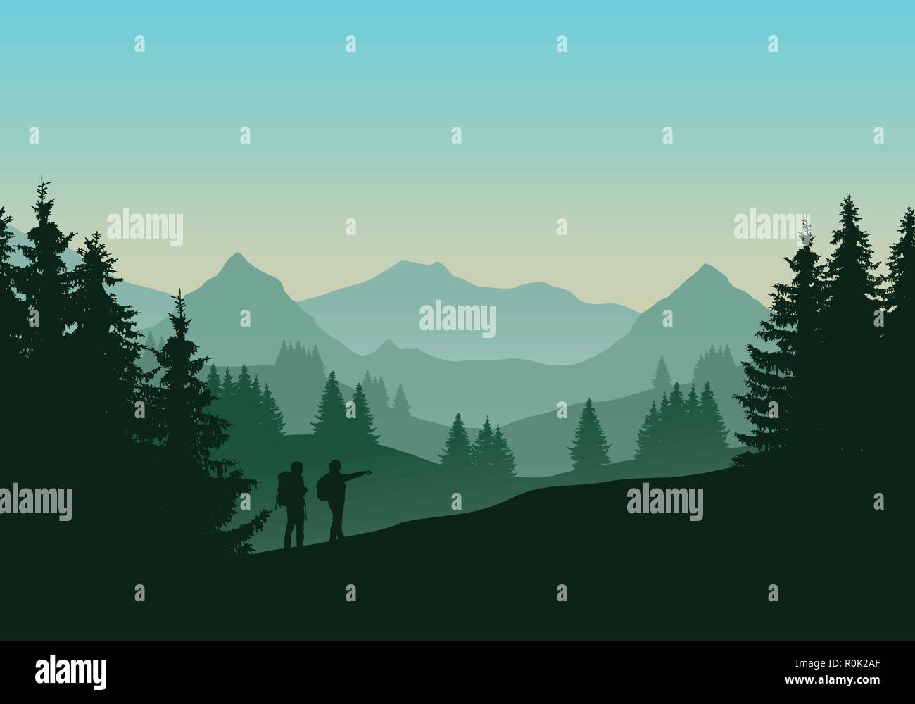 Vector Illustration einer grünen Landschaft mit Nadelwald mit Bäumen und zwei Touristen, Mann und Frau, mit Rucksäcken. Hügel und Berge mit gr Stock Vektor