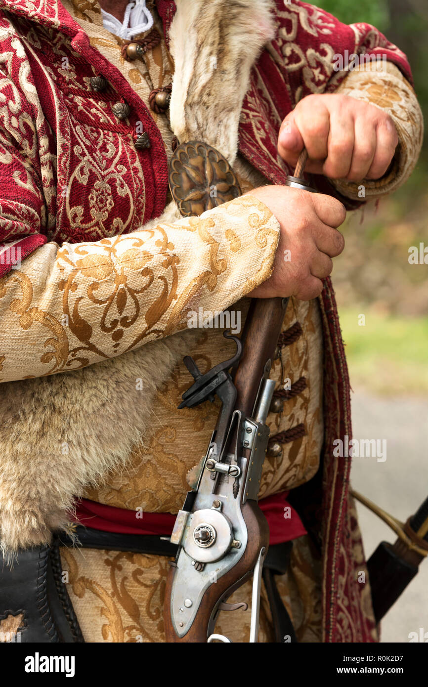 Detail der Gyulaffy Laszlo traditionalistischen banderium Waffen und Kleidung in Badacsony im 09. September 2018, Ungarn Stockfoto