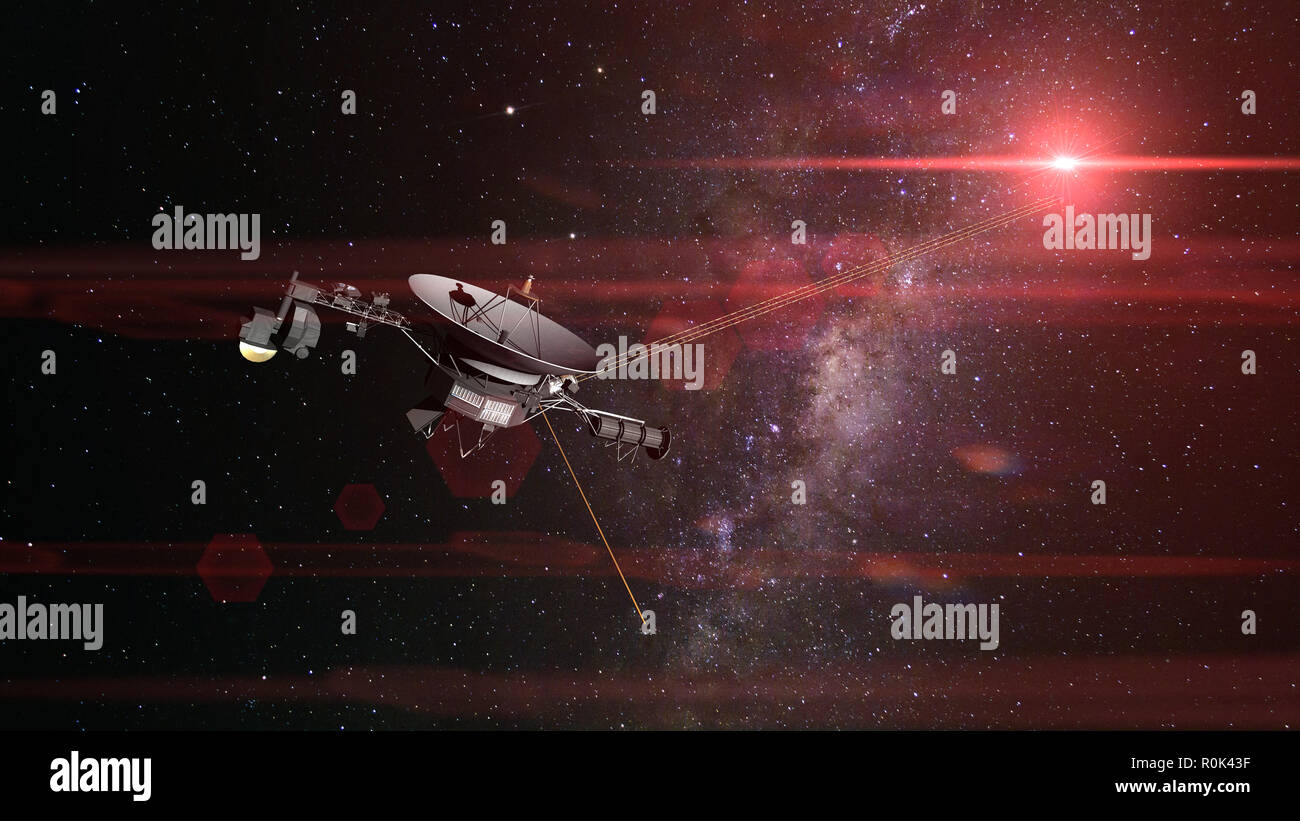 Voyager raumsonde vor der Milchstraße und eine helle rote Sterne im Weltraum Stockfoto