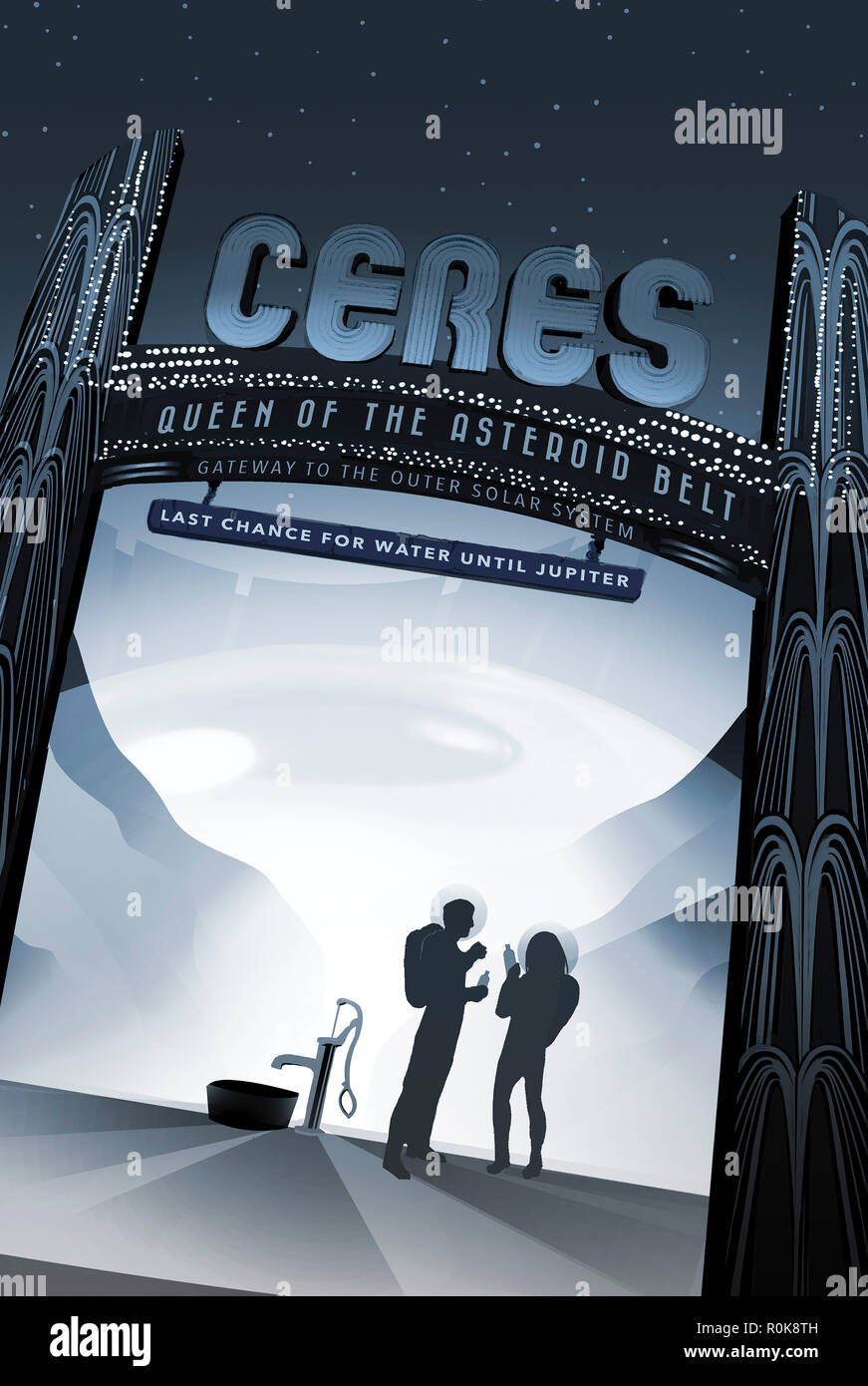 Retro Space Travel Poster der Zwergplaneten Ceres. Stockfoto