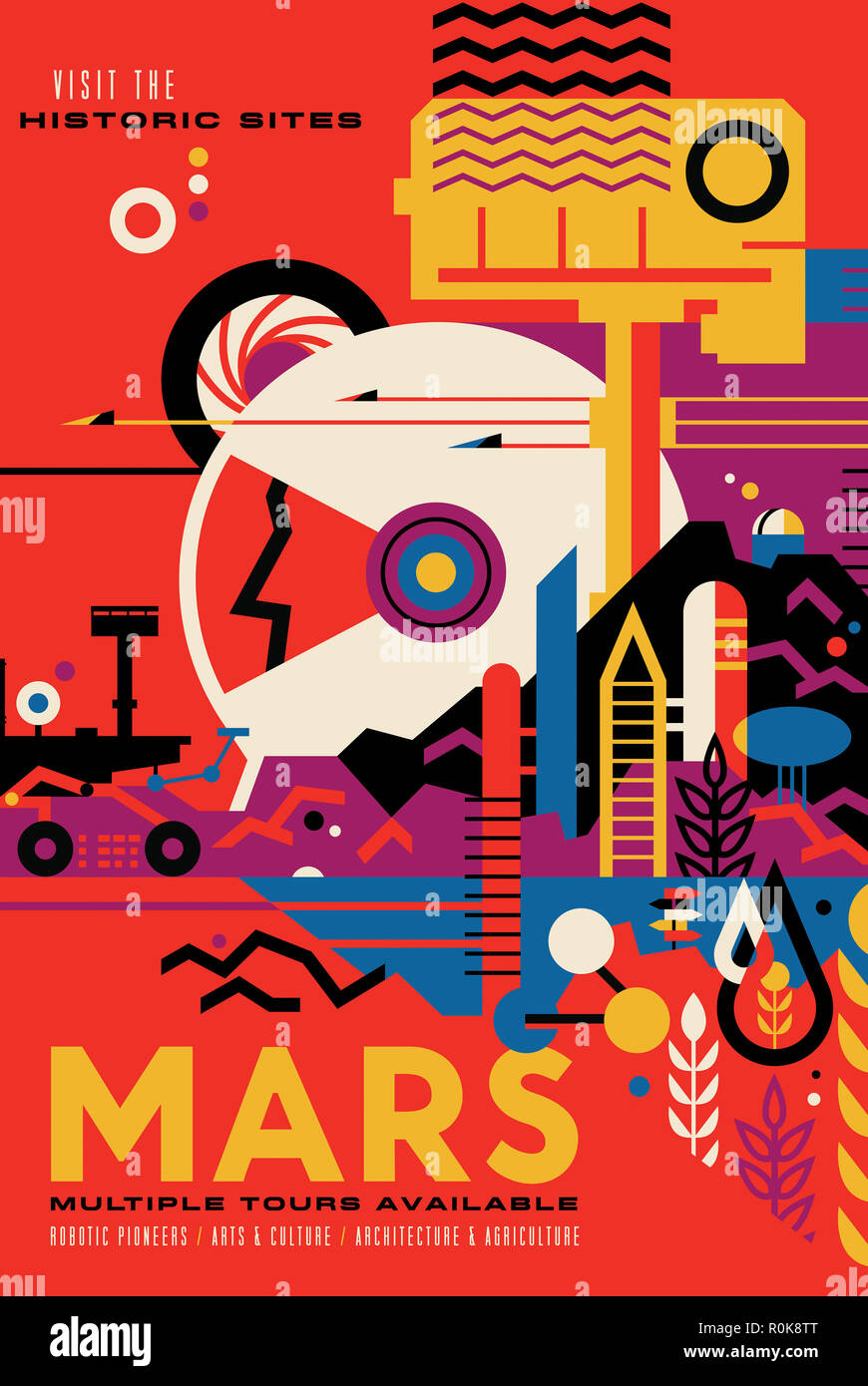 Retro Space Travel Poster von NASA's Mars Exploration Program. Stockfoto