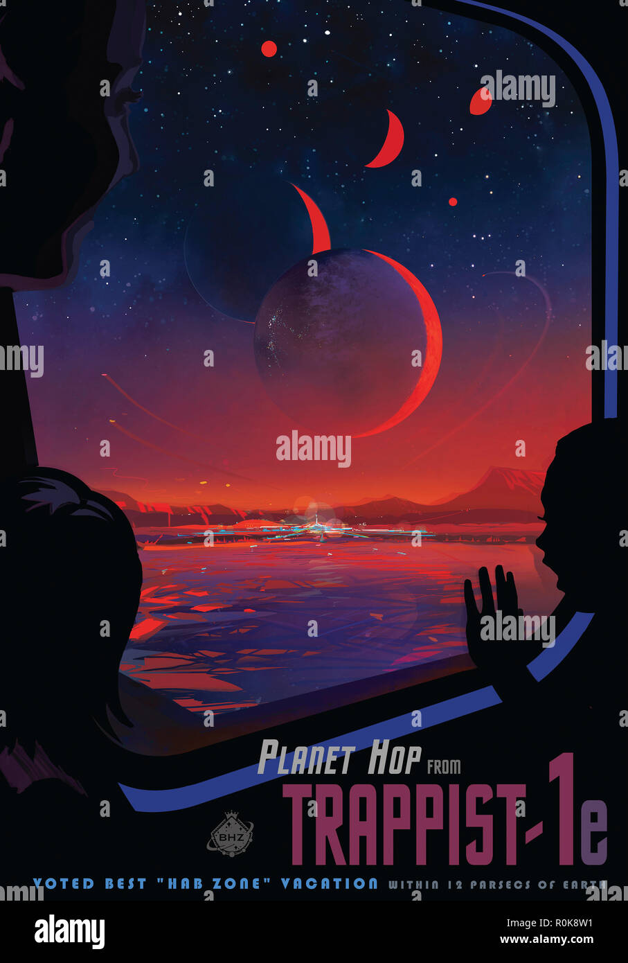 Retro Space Travel Poster von Zuschauern unter Beachtung der Trappisten-1e Exoplanet. Stockfoto