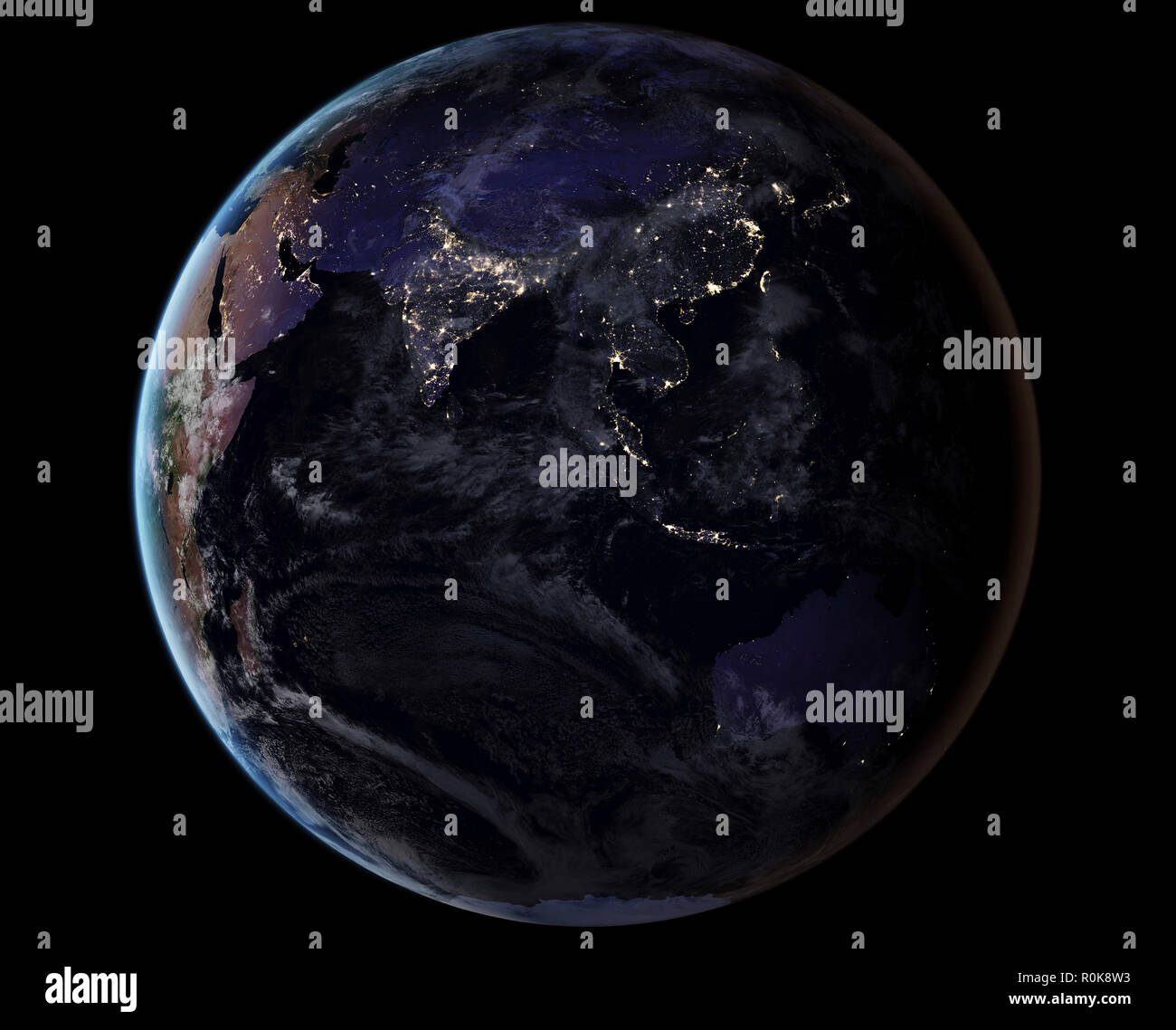 Volle Erde zeigen Lichter von Asien in der Nacht. Stockfoto