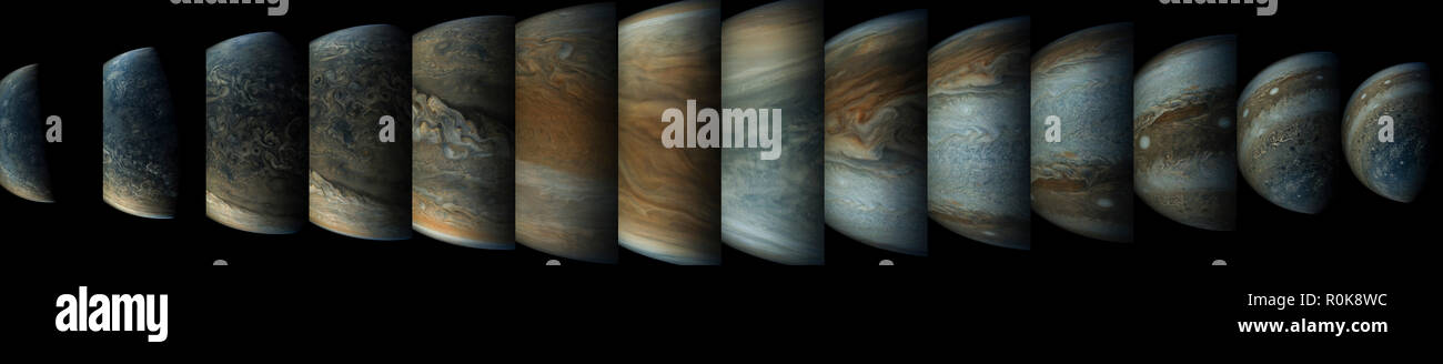 Reihenfolge der 14 Farbe verbesserte Bilder der Planet Jupiter von der Raumsonde Juno übernommen. Stockfoto