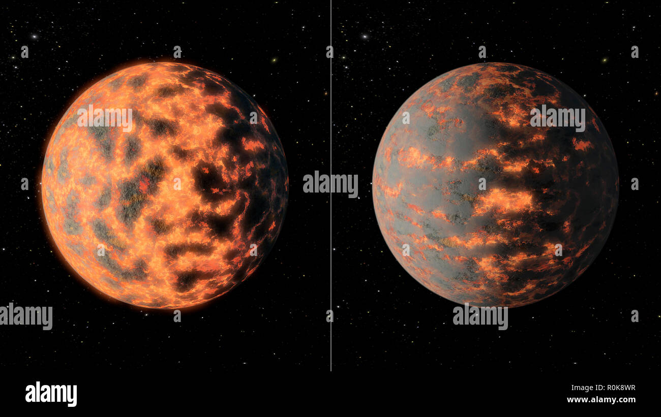 Super-Earth 55 Cancri e zeigt eine heiße teilweise geschmolzenen Oberfläche des Planeten vor und nach der vulkanischen Tätigkeit. Stockfoto