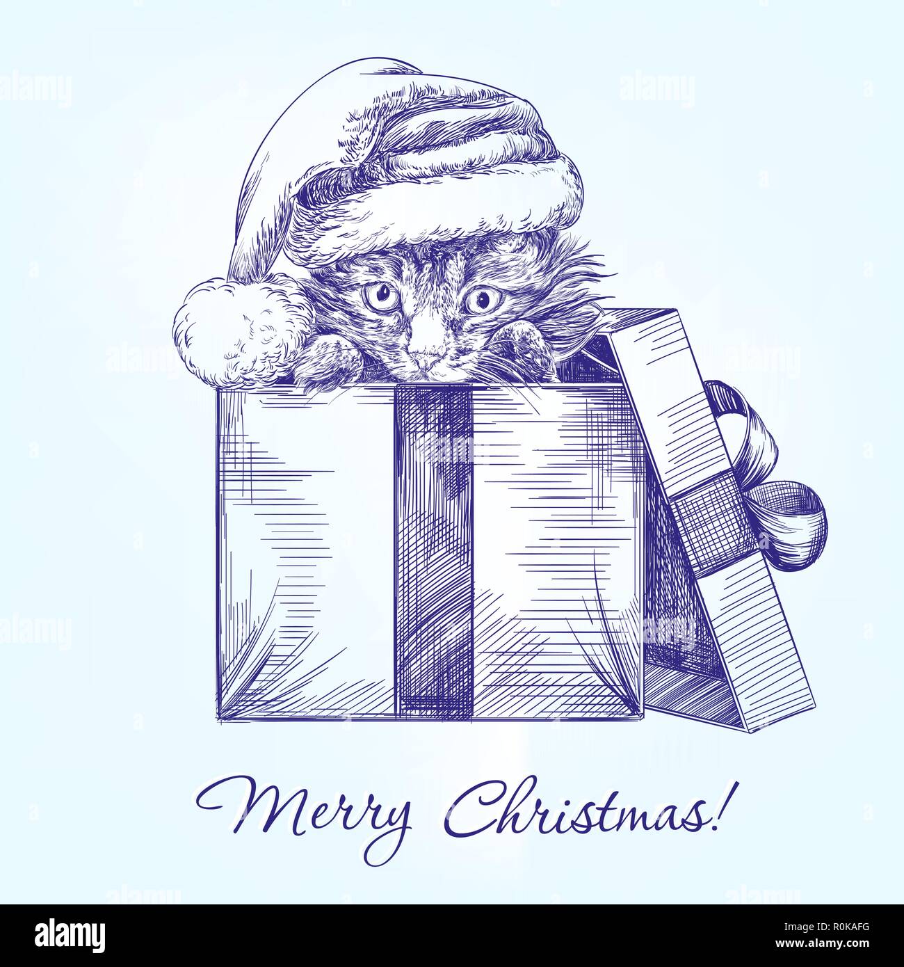 Weihnachten Kätzchen in Santa stocking hat Hand gezeichnet Vektor llustration Skizze Stock Vektor