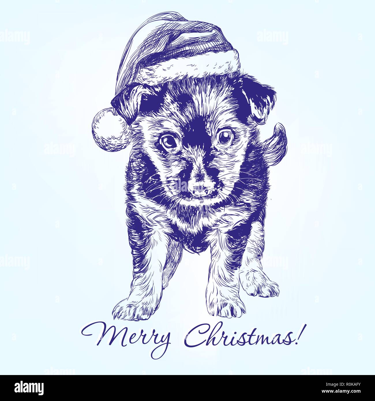 Weihnachten Welpe in Santa stocking hat Hand gezeichnet Vektor llustration Skizze Stock Vektor