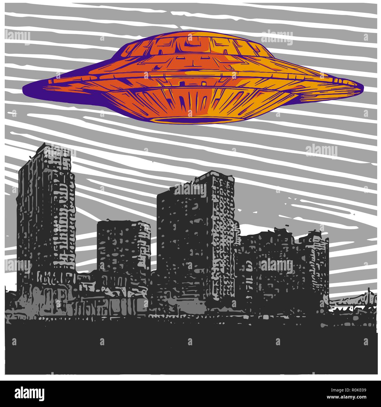 Vector Illustration UFO mit Licht Fliegen über Stadt bei Nacht Stock Vektor