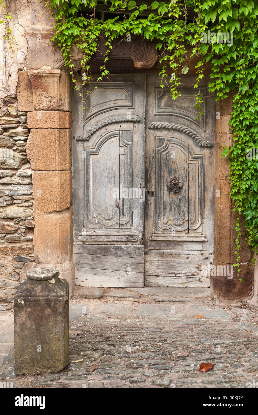 Alte Holztür mit Efeu bedeckt verzierten Stein Surround und Pflastersteine Stockfoto