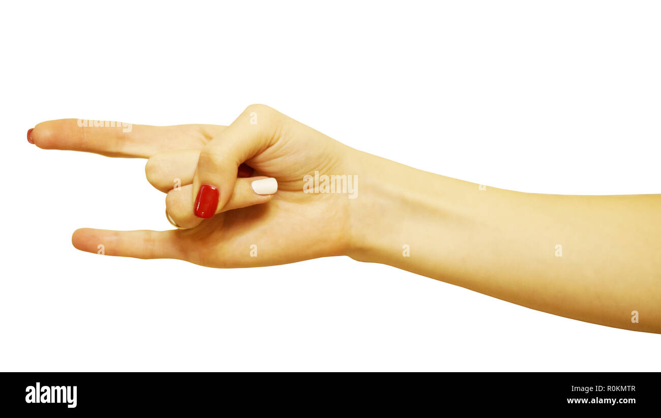 Weibliche hand mit Rock-n-Roll Geste auf weißem Hintergrund. Arm der kaukasischen Frau mit farbigen Nägeln machen Rock und Roll unterzeichnen, in der Nähe Stockfoto