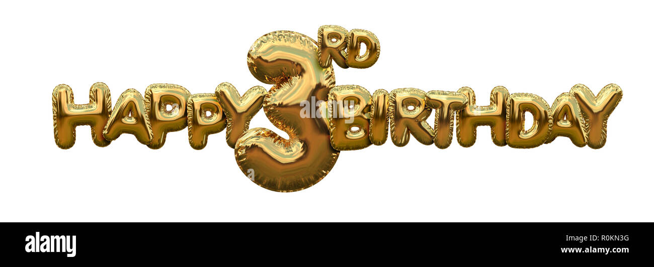 Glücklich 3. Geburtstag gold Folie Ballon gruss Hintergrund. 3D-Rendering Stockfoto