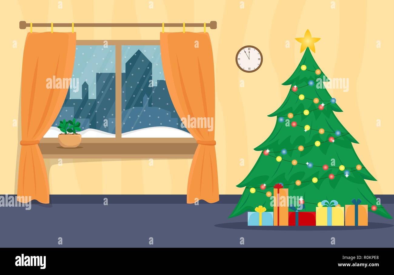 Wohnzimmer für das Neue Jahr eingerichtet. Weihnachten Fenster. Flache Cartoon Illustration. Stock Vektor