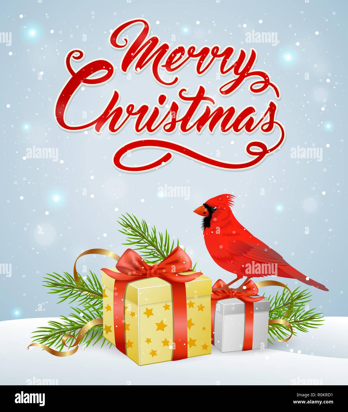 Weihnachten Hintergrund mit Red Cardinal Bird, Geschenke und Schnee. Frohe Weihnachten Schriftzug Stockfoto