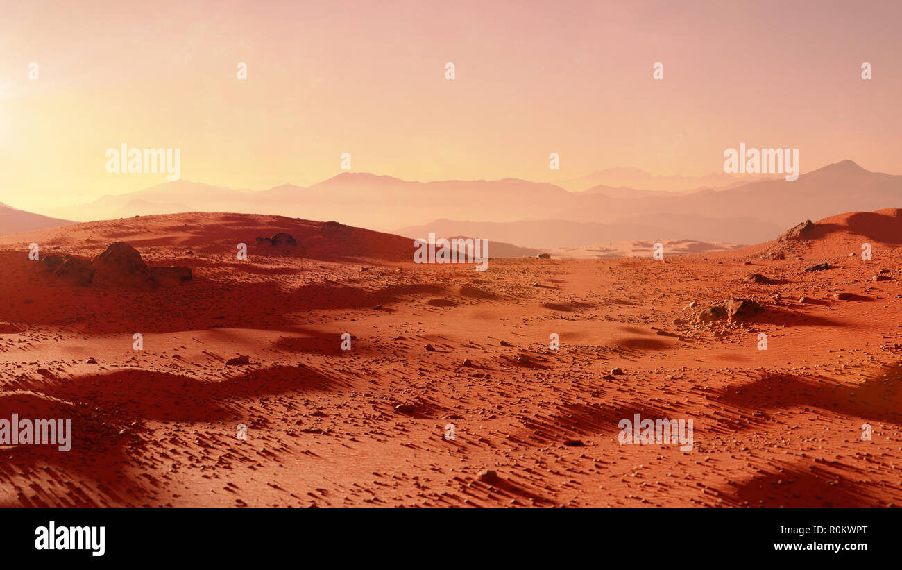 Landschaft auf dem Planeten Mars, malerischen Wüste Szene auf dem Roten Planeten (3d Render) Stockfoto