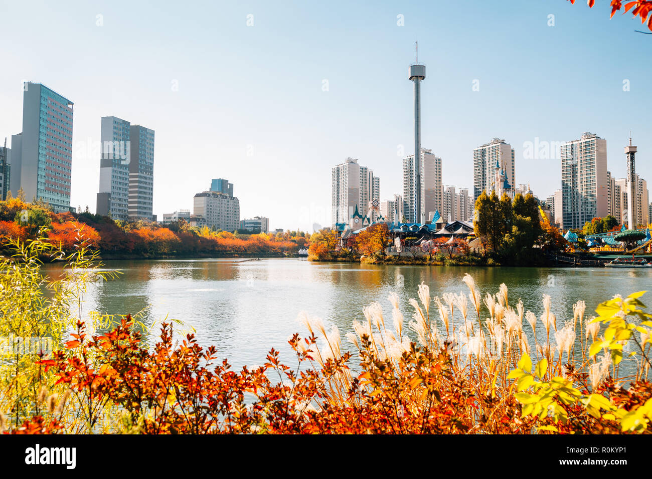 Seokchon See und moderne Apartment Gebäuden mit Herbst Ahorn in Seoul, Korea Stockfoto