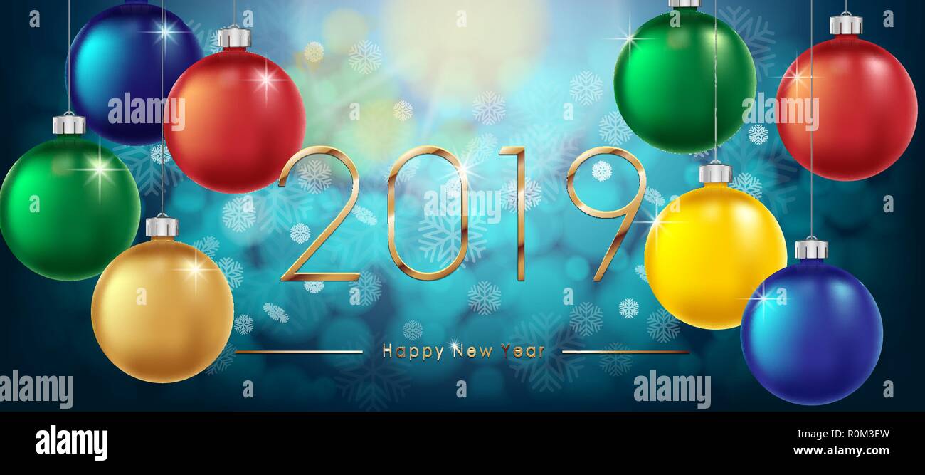 Frohes Neues Jahr 2019. Neues Jahr bunte Winter Banner mit gold Text und glänzenden Kugeln. Sekt glitzer Weihnachtskugel. Vector Illustration Stock Vektor