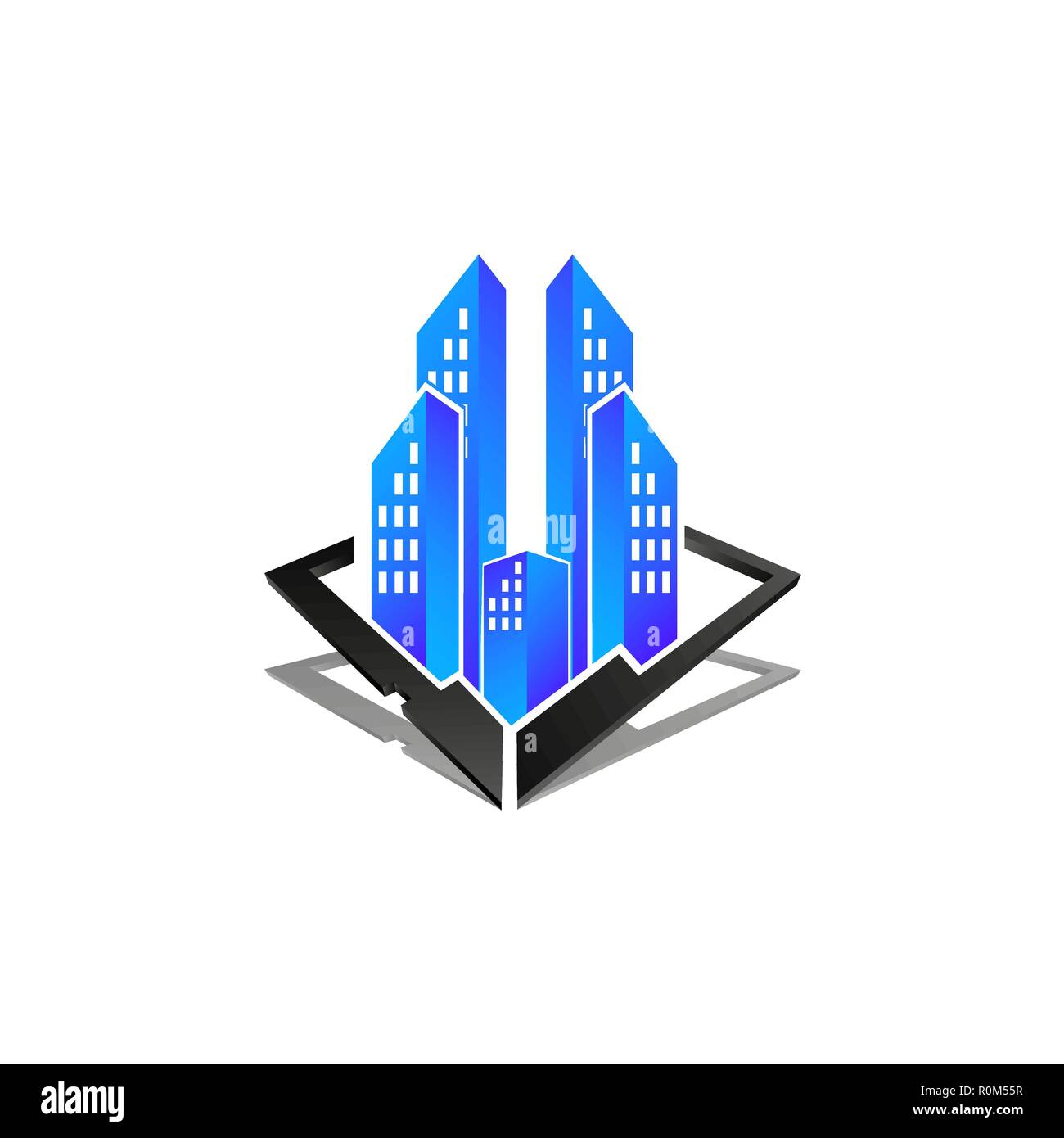 Immobilien logo Konzept, Illustration, Gebäude Logo im Dreidimensionalen grafischen Stil Stock Vektor