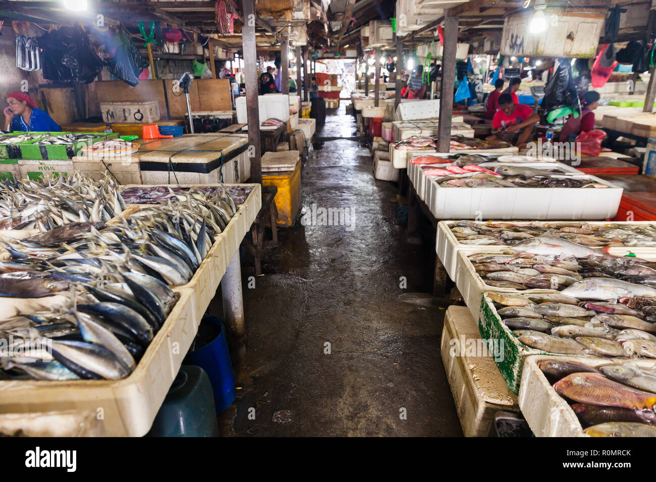 Fisch und Meeresfrüchte in Jimbaran Beach, Bali, Indonesien verkaufen Stockfoto