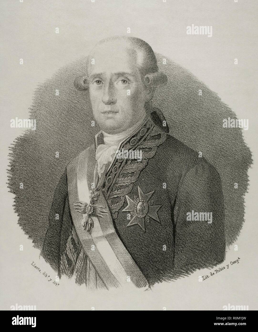 José Moñino y Redondo, Conde de Floridablanca (1728-1808). Político Español. Ejerció el Cargo de Secretario de Estado (1777-1792), y Presidente de la Junta Suprema Central. Dibujo por la Llanta. Litografía. Retrato. Crónica de España. Historia y Ilustrada Descriptiva de Sus Provincias. Región de Murcia, 1870. Biblioteca Histórico Militar de Barcelona, Cataluña, Spanien. Stockfoto