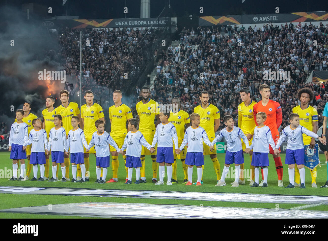 Thessaloniki, Griechenland - Sept 20, 2018: Die Spieler des FC Chelsea in der UEFA Europa League zwischen PAOK vs FC Chelsea an Toumba-quellen Stadium gespielt Stockfoto