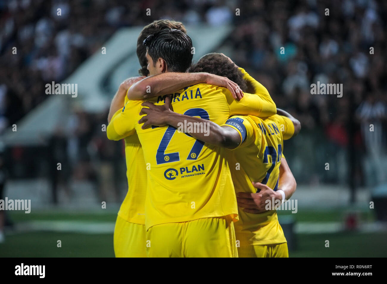 Thessaloniki, Griechenland - Sept 20, 2018: Die Spieler des FC Chelsea sie Feiern während der UEFA Europa League zwischen PAOK vs FC Chelsea spielte bei Toumb Stockfoto