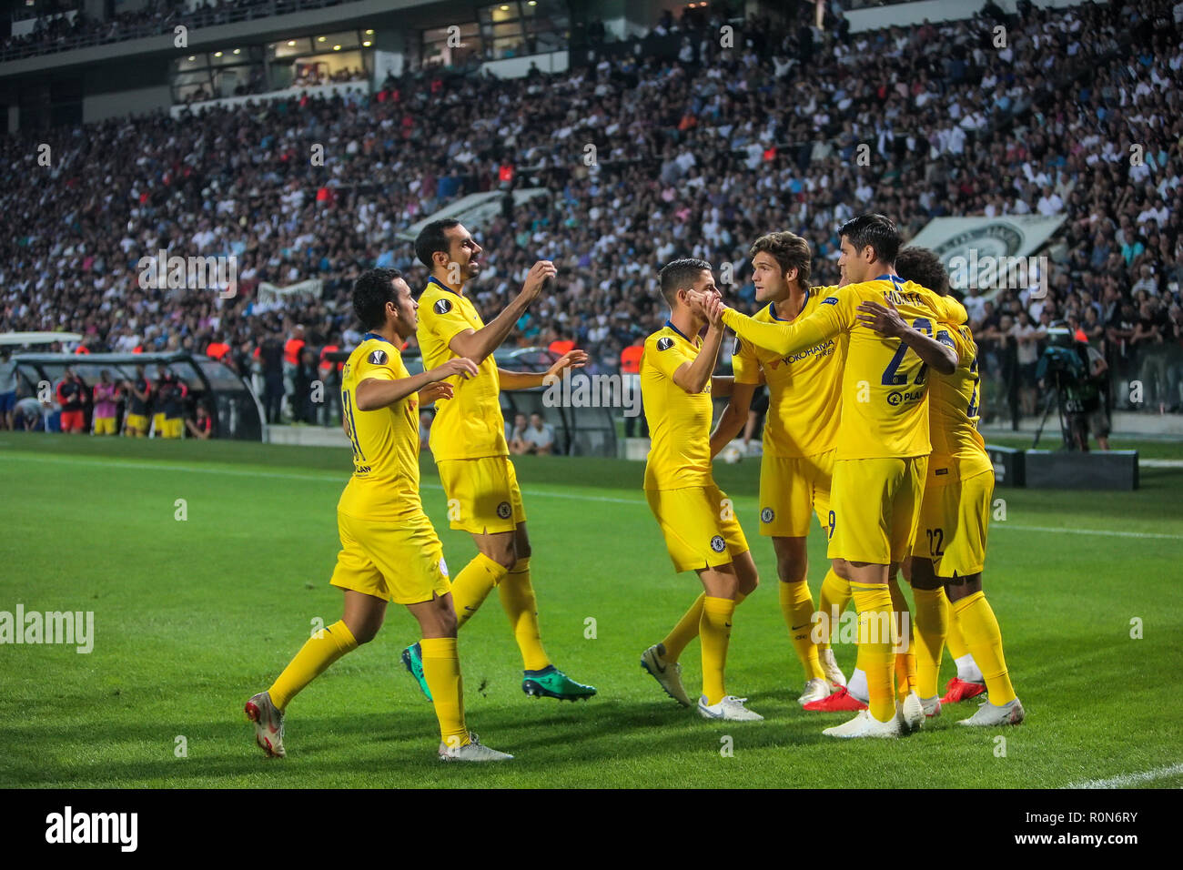Thessaloniki, Griechenland - Sept 20, 2018: Die Spieler des FC Chelsea sie Feiern während der UEFA Europa League zwischen PAOK vs FC Chelsea spielte bei Toumb Stockfoto