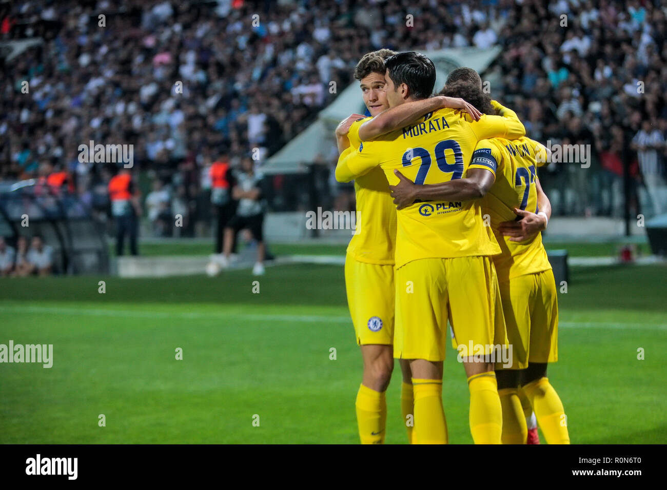 Thessaloniki, Griechenland - Sept 20, 2018: Die Spieler des FC Chelsea sie Feiern während der UEFA Europa League zwischen PAOK vs FC Chelsea spielte bei Toumb Stockfoto