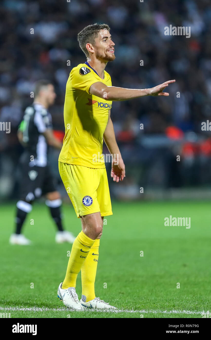 Thessaloniki, Griechenland - Sept 20, 2018: Die Spieler des FC Chelsea Jorginho (Jorge Luiz Frello Filho) in Aktion während der UEFA Europa League zwischen PAOK vs FC Stockfoto
