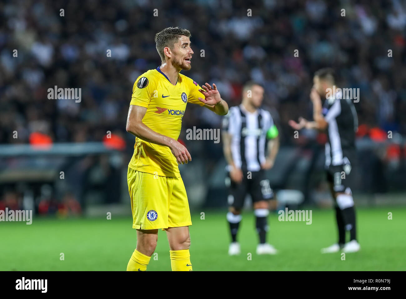 Thessaloniki, Griechenland - Sept 20, 2018: Die Spieler des FC Chelsea Jorginho (Jorge Luiz Frello Filho) in Aktion während der UEFA Europa League zwischen PAOK vs FC Stockfoto
