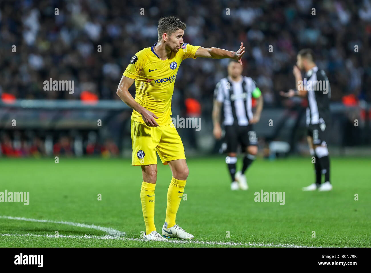Thessaloniki, Griechenland - Sept 20, 2018: Die Spieler des FC Chelsea Jorginho (Jorge Luiz Frello Filho) in Aktion während der UEFA Europa League zwischen PAOK vs FC Stockfoto