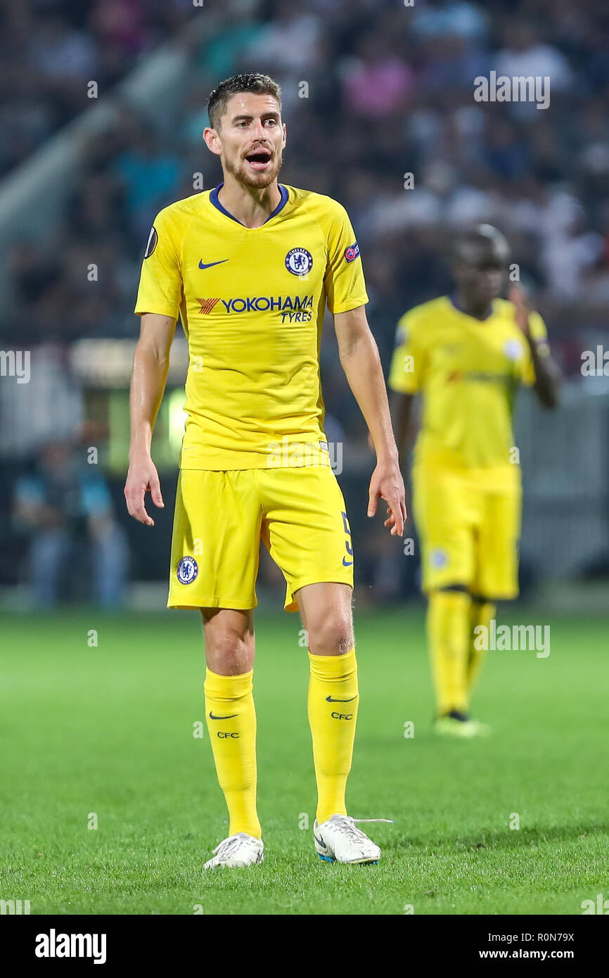 Thessaloniki, Griechenland - Sept 20, 2018: Die Spieler des FC Chelsea Jorginho (Jorge Luiz Frello Filho) in Aktion während der UEFA Europa League zwischen PAOK vs FC Stockfoto