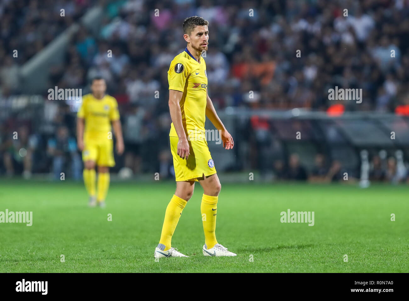 Thessaloniki, Griechenland - Sept 20, 2018: Die Spieler des FC Chelsea Jorginho (Jorge Luiz Frello Filho) in Aktion während der UEFA Europa League zwischen PAOK vs FC Stockfoto
