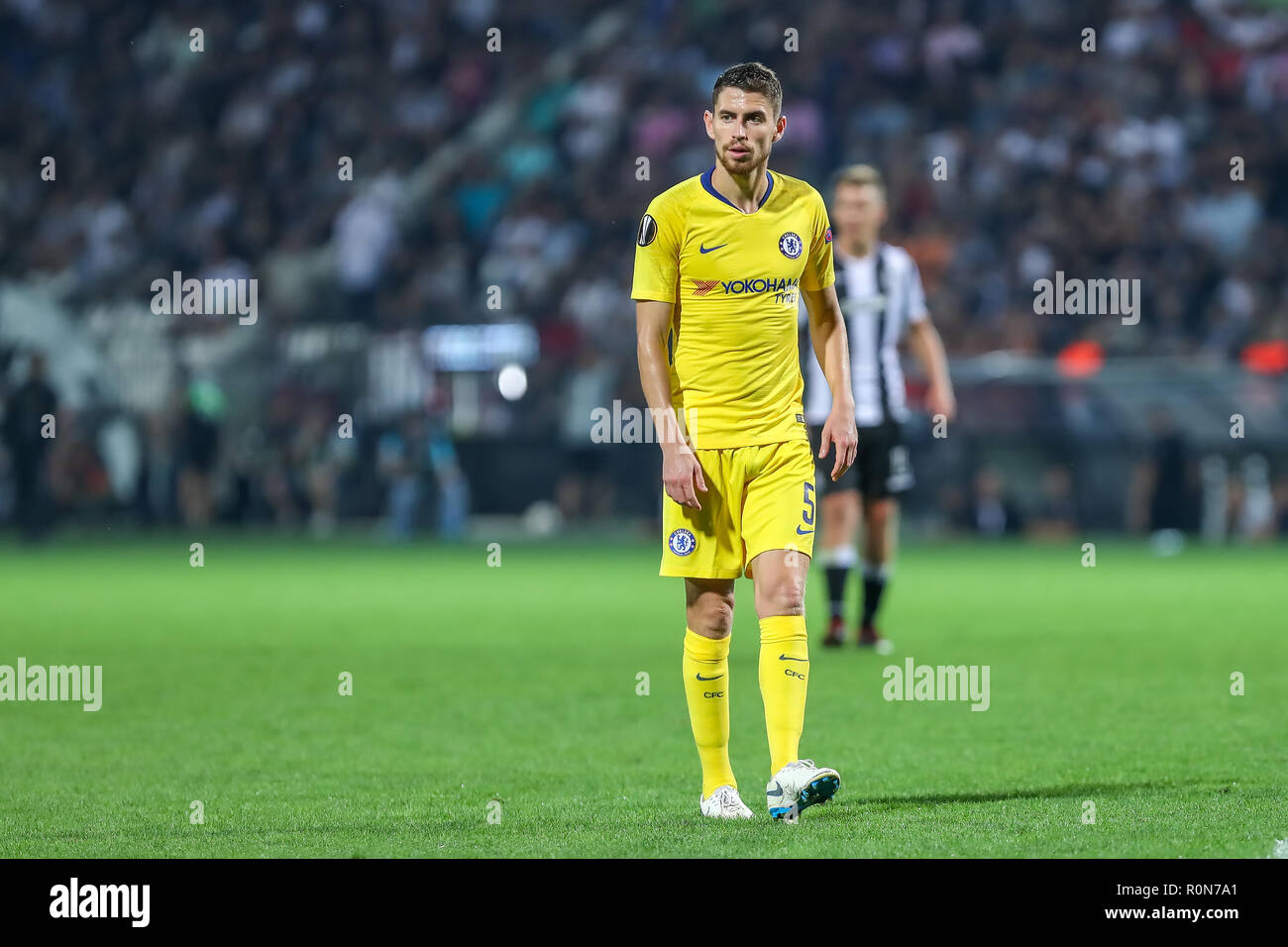 Thessaloniki, Griechenland - Sept 20, 2018: Die Spieler des FC Chelsea Jorginho (Jorge Luiz Frello Filho) in Aktion während der UEFA Europa League zwischen PAOK vs FC Stockfoto