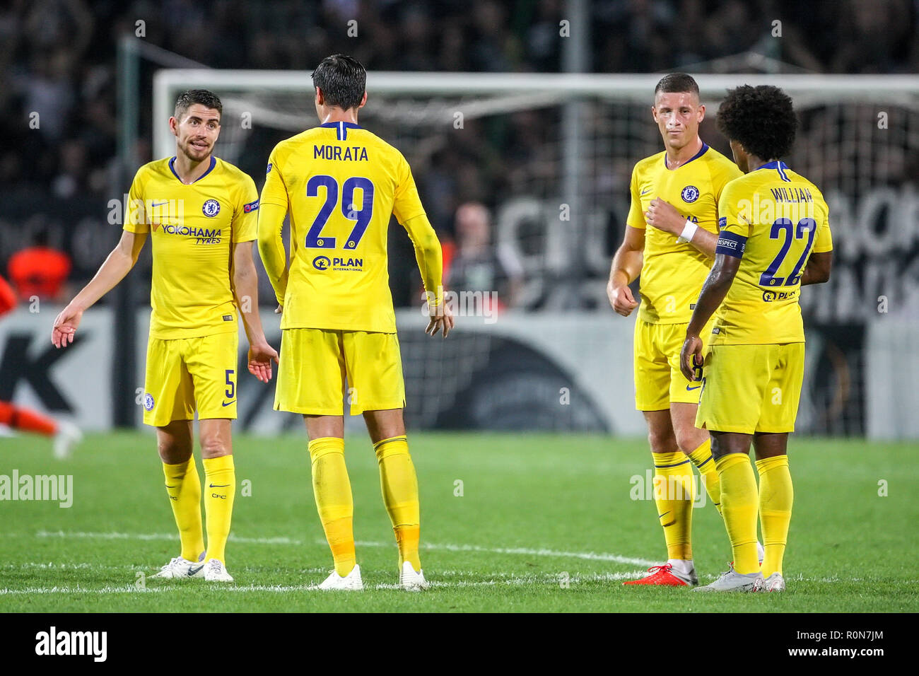 Thessaloniki, Griechenland - Sept 20, 2018: Die Spieler des FC Chelsea sie Feiern während der UEFA Europa League zwischen PAOK vs FC Chelsea spielte bei Toumb Stockfoto
