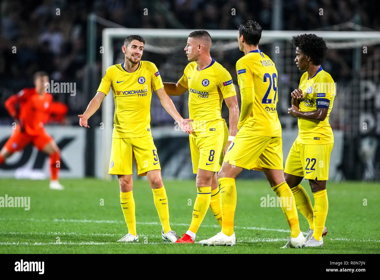 Thessaloniki, Griechenland - Sept 20, 2018: Die Spieler des FC Chelsea sie Feiern während der UEFA Europa League zwischen PAOK vs FC Chelsea spielte bei Toumb Stockfoto