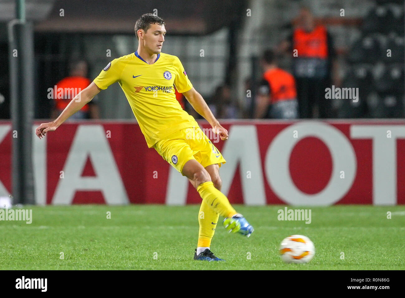 Thessaloniki, Griechenland - Sept 20, 2018: Die Spieler des FC Chelsea Andreas Christensen in Aktion während der UEFA Europa League zwischen PAOK vs FC Chelsea spielte Stockfoto