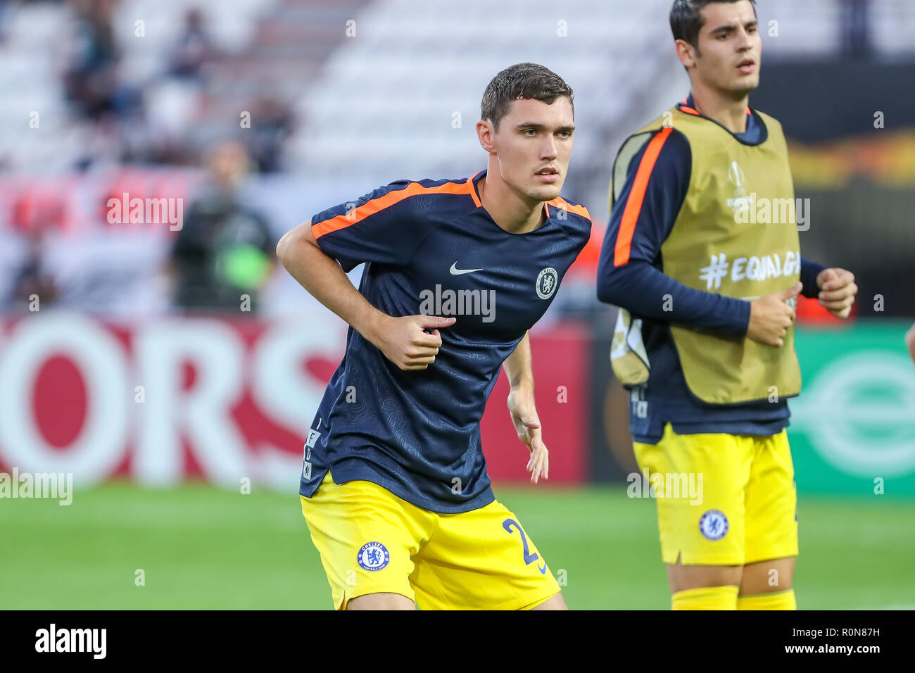 Thessaloniki, Griechenland - Sept 20, 2018: Die Spieler des FC Chelsea Andreas Christensen in Aktion während der UEFA Europa League zwischen PAOK vs FC Chelsea spielte Stockfoto