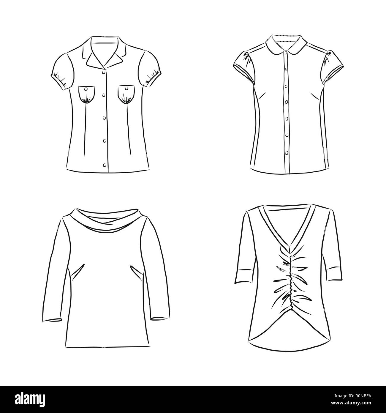 Hand gezeichnet mit Frauen Kleidung einstellen. Vector Illustration für Hintergründe, Textildruck, Web- und Grafikdesign, Logo, Poster, Banner, für Designer Stock Vektor