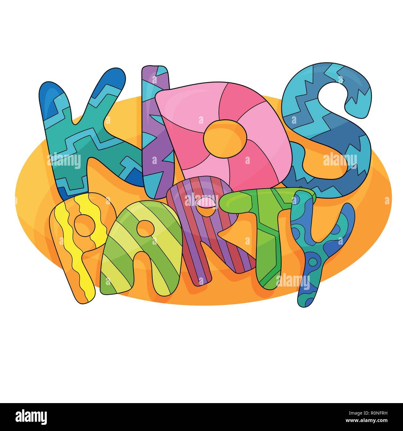 Kinder Partei Brief unterzeichnen Poster. Cartoon Buchstaben und bunten Hintergrund. Vektor flyer Vorlage Abbildung Stock Vektor