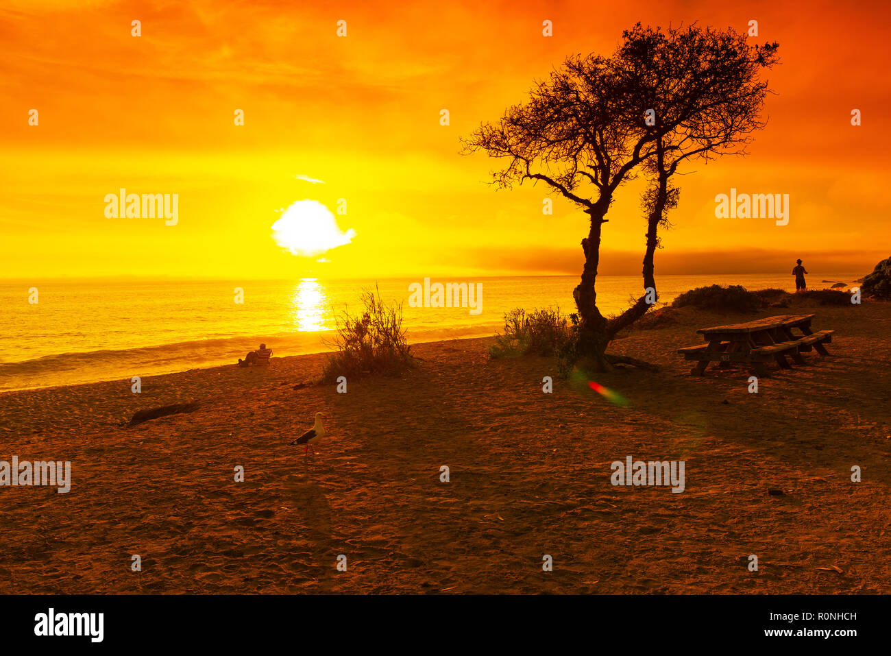 Dieser Sonnenuntergang hat erstaunliche Cloud Farbe am Himmel in diesem California Beach. Kunst der Ozean Landschaft Fotografie. Stockfoto