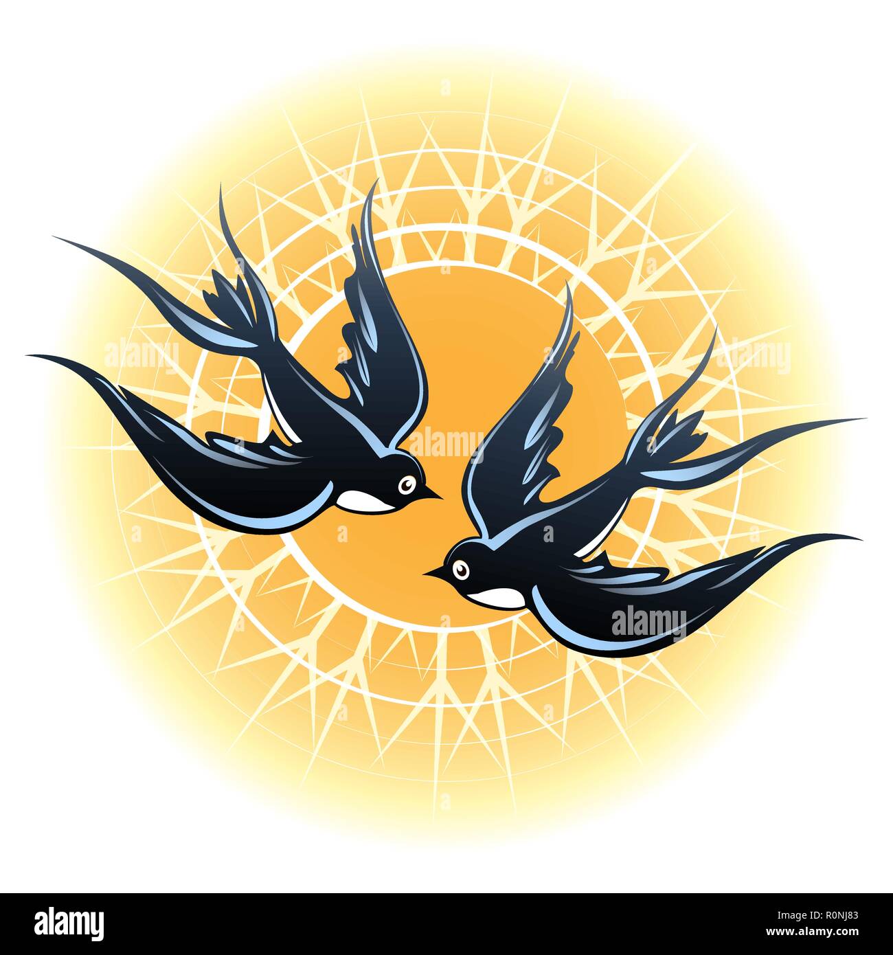 Zwei fliegende Vögel gegen die strahlende Sonne schlucken. Vector Illustration. Stock Vektor