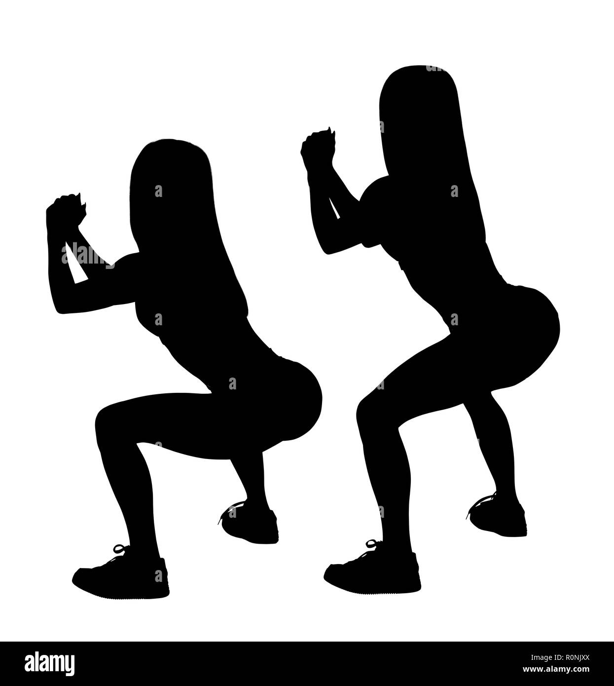 Schwarze Silhouette der sportlichen Frau zeigt hockt Schritte für das Gesäß Muskulatur. Auf weissem Hintergrund. Stockfoto