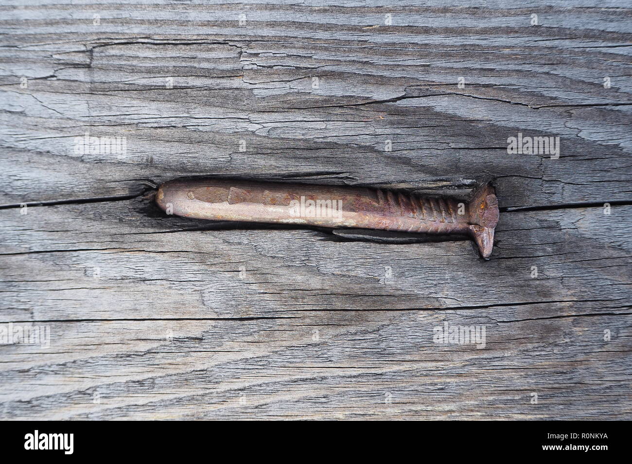 Alten rostigen Nagel in verwittertes Holz der Hütte gefahren Stockfoto