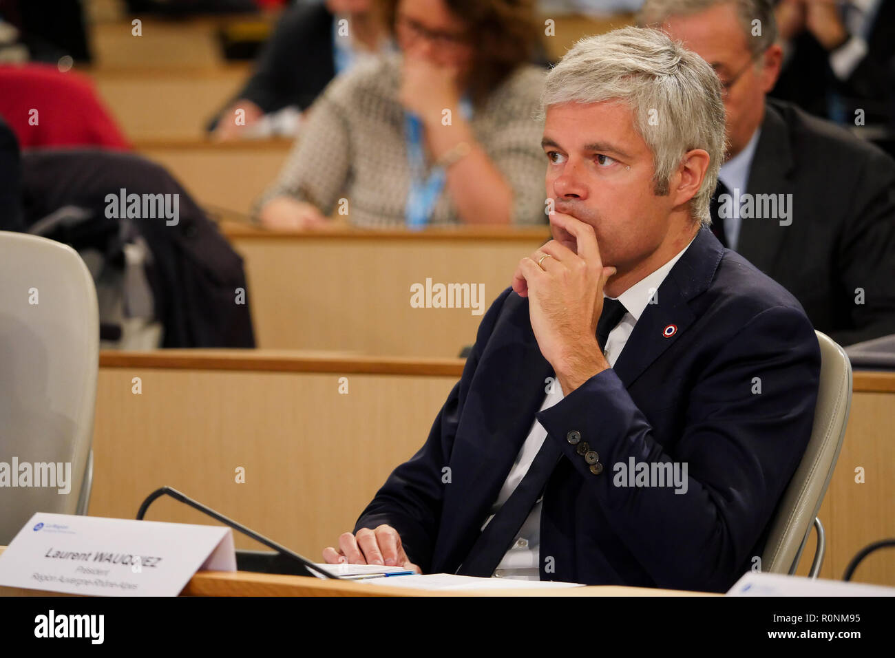 Laurent Wauquiez, Präsident der Region Rhône-Alpes, Auvergne, nimmt an regionalen Treffen der Luft- und Raumfahrtindustrie, Lyon, Frankreich Stockfoto
