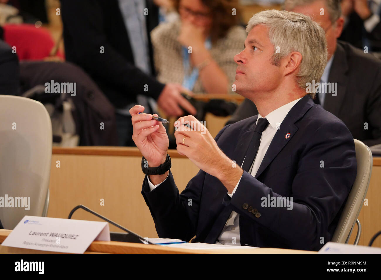 Laurent Wauquiez, Präsident der Region Rhône-Alpes, Auvergne, nimmt an regionalen Treffen der Luft- und Raumfahrtindustrie, Lyon, Frankreich Stockfoto