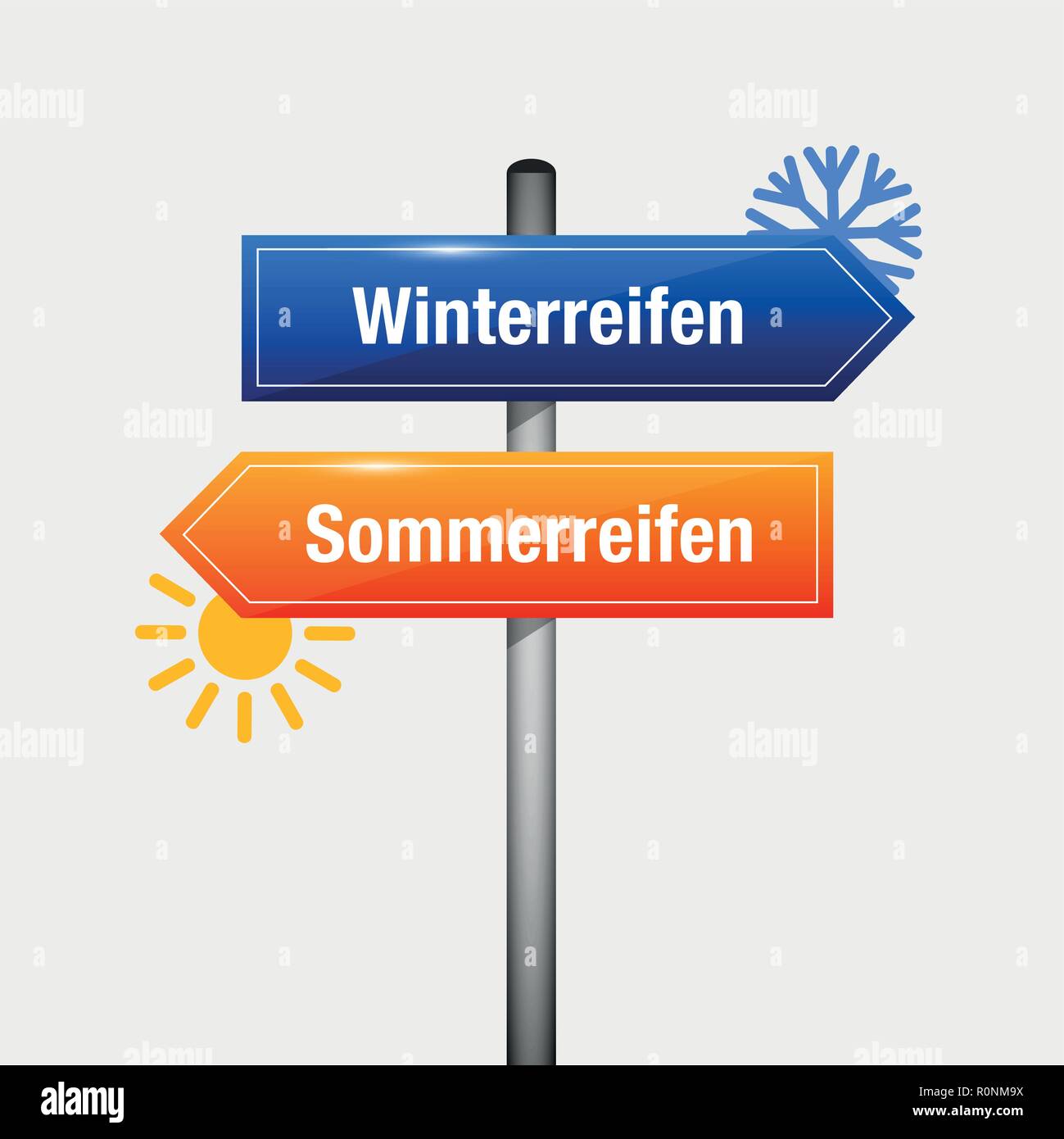 Schild mit Schneeflocken im Winter Autoreifen und mit Sonne für Sommer PKW-Reifen Vector Illustration Stock Vektor