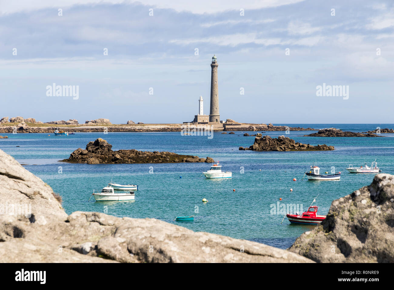 Castel Ac'h, Frankreich. Die Phare de l'Ile Vierge, dem höchsten traditionellen Leuchtturm der Welt, der 82,5 m (271 ft) hohen, aus Steinen aus Granit Stockfoto